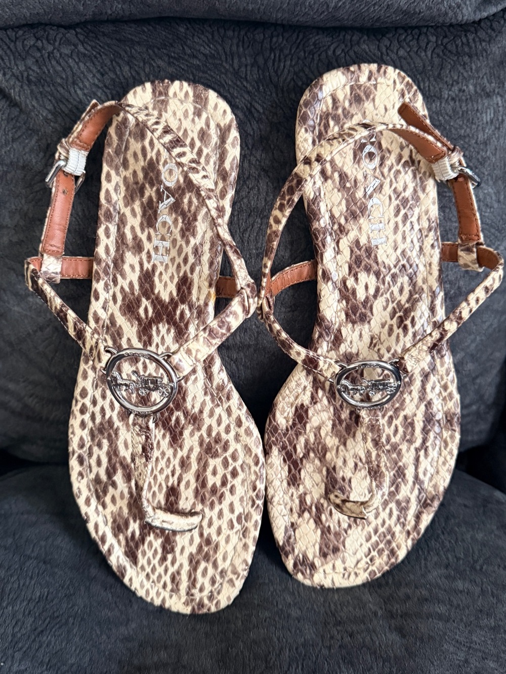 Coach Brown and Cream Snake-Print Thong Sandals